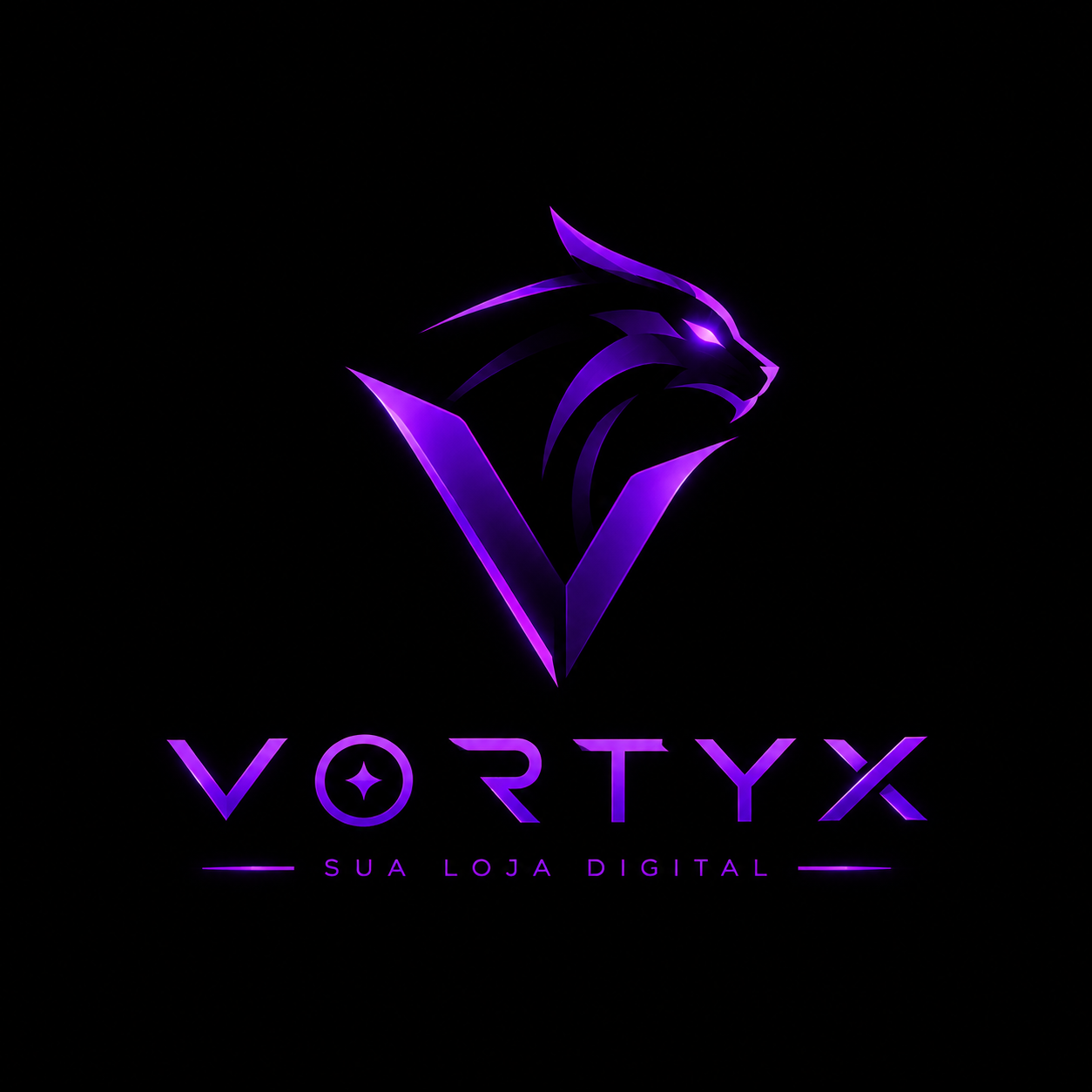 Logo Vortyx: pantera roxa neon formando a letra V, com o texto Vortyx, sua loja digital